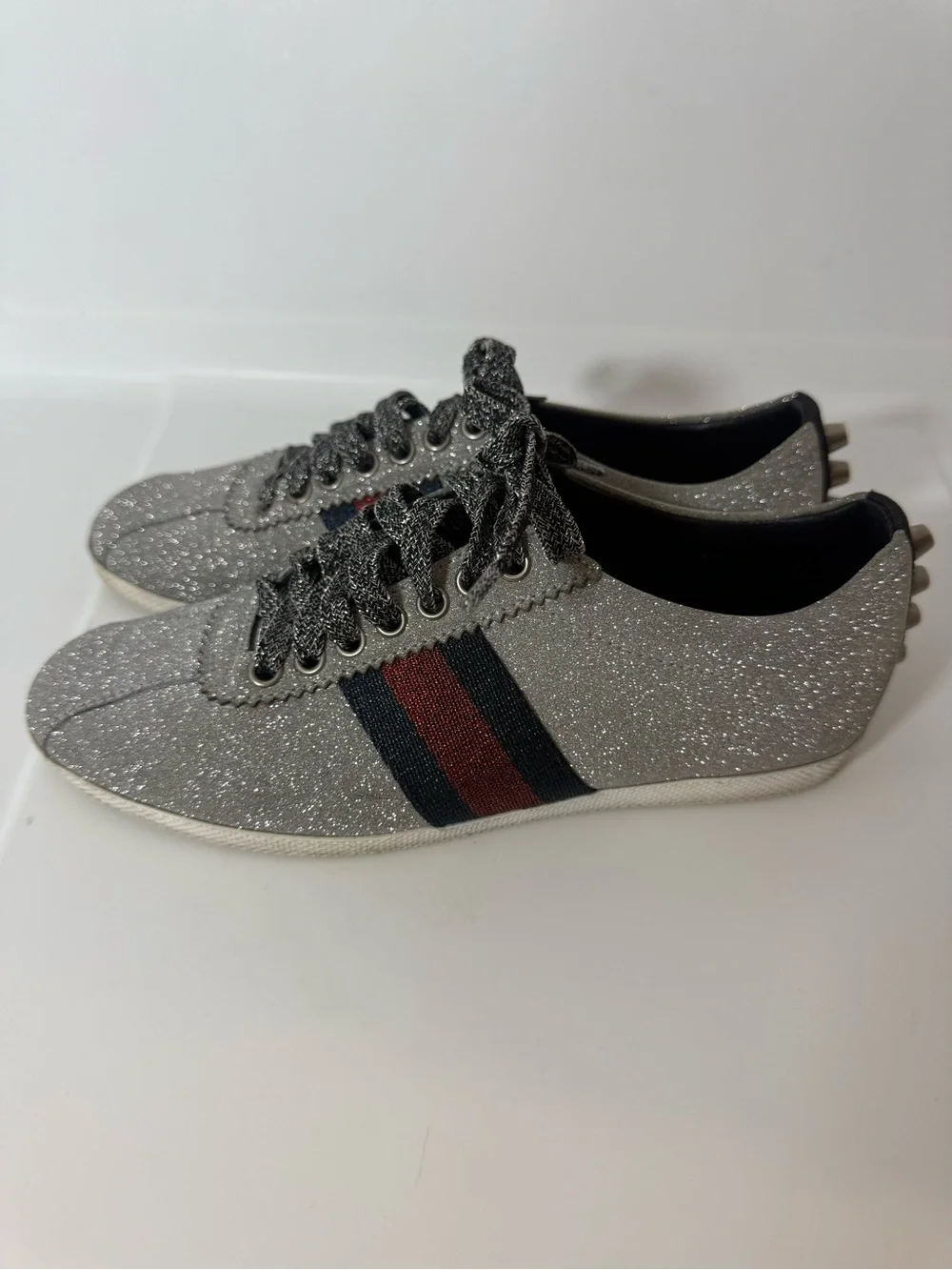 Gucci silver Glitter Sneakers with Red end black web stripe